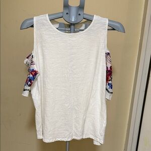 Umgee White Cold-Shoulder Tank with Colorful Embroidered Sleeves